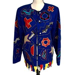 Julia‎ Kim Cardigan Sweater Modern Women's Large Ble Funky Unique Shapes Pattern